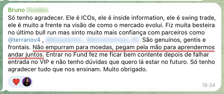 Mensagem de Bruno na comunidade fechada, 17/03/2024